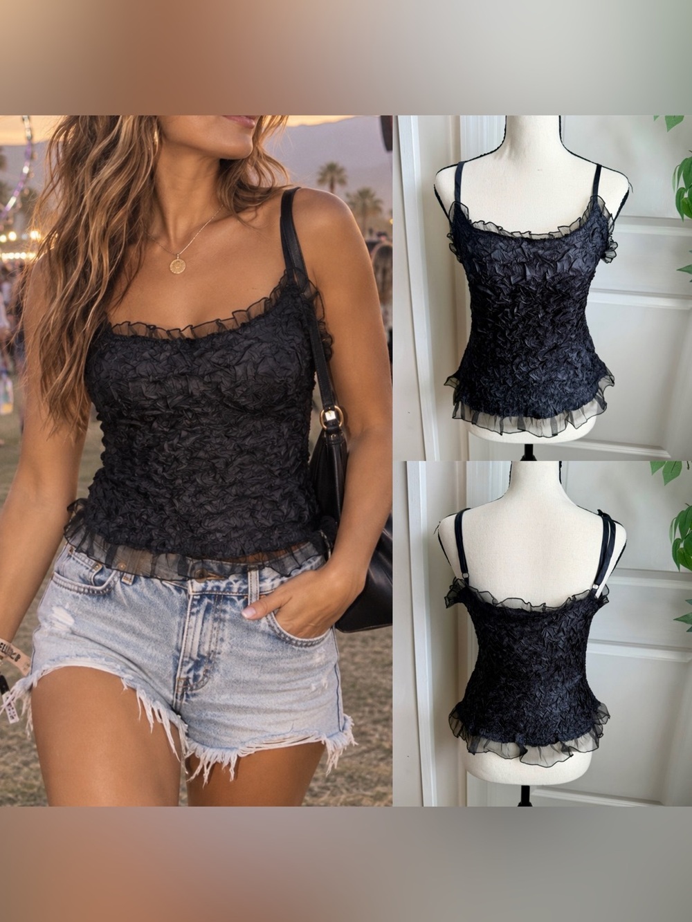 Mandee Vintage Y2K Crinkle Ruffle Cami Tank Top Black Sz L